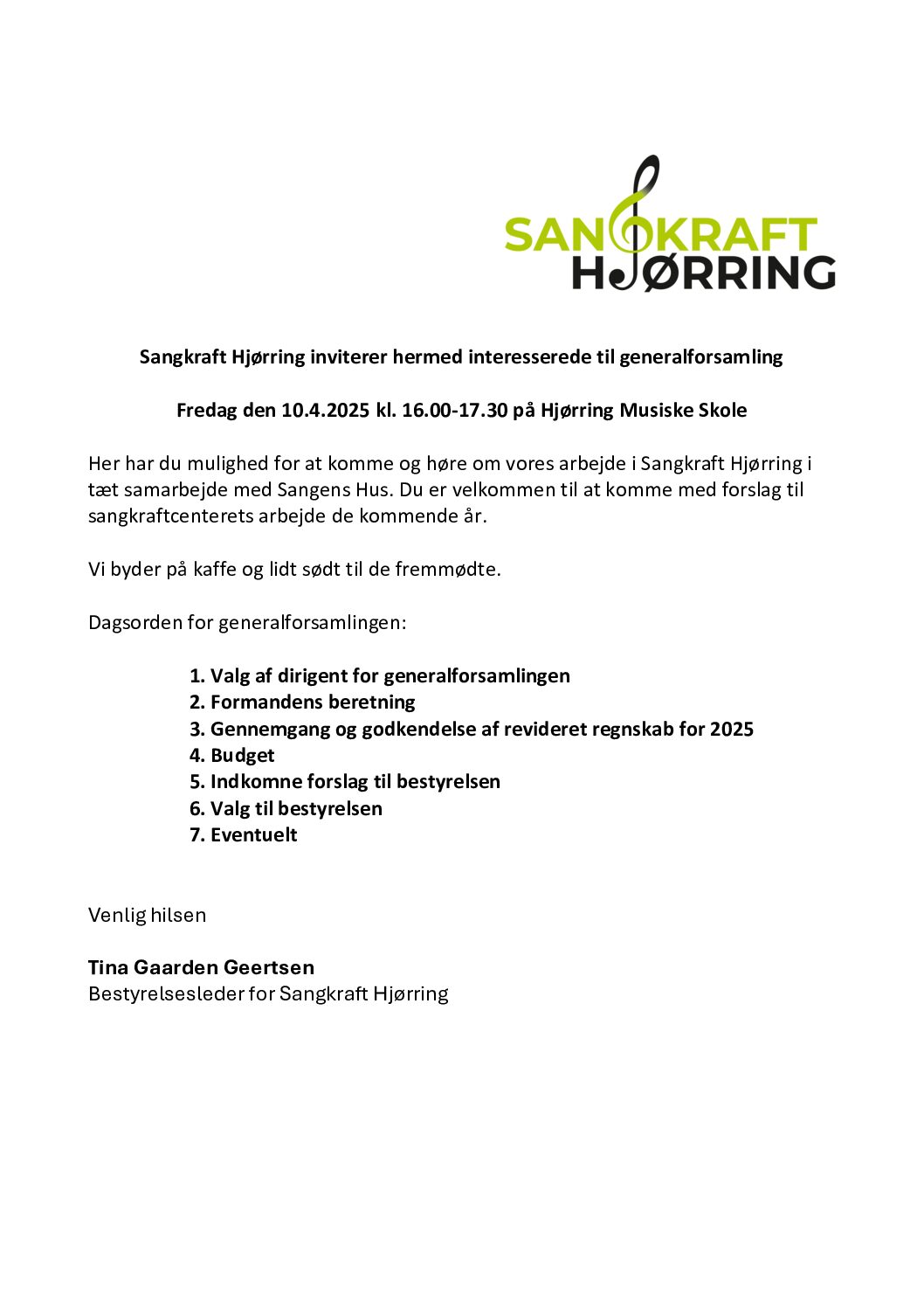 Generalforsamling Sangkraft Hjørring 10.4.2026
